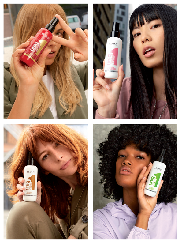 Four women with different hair types and color holding the uniqone™ leave-in hair treatment