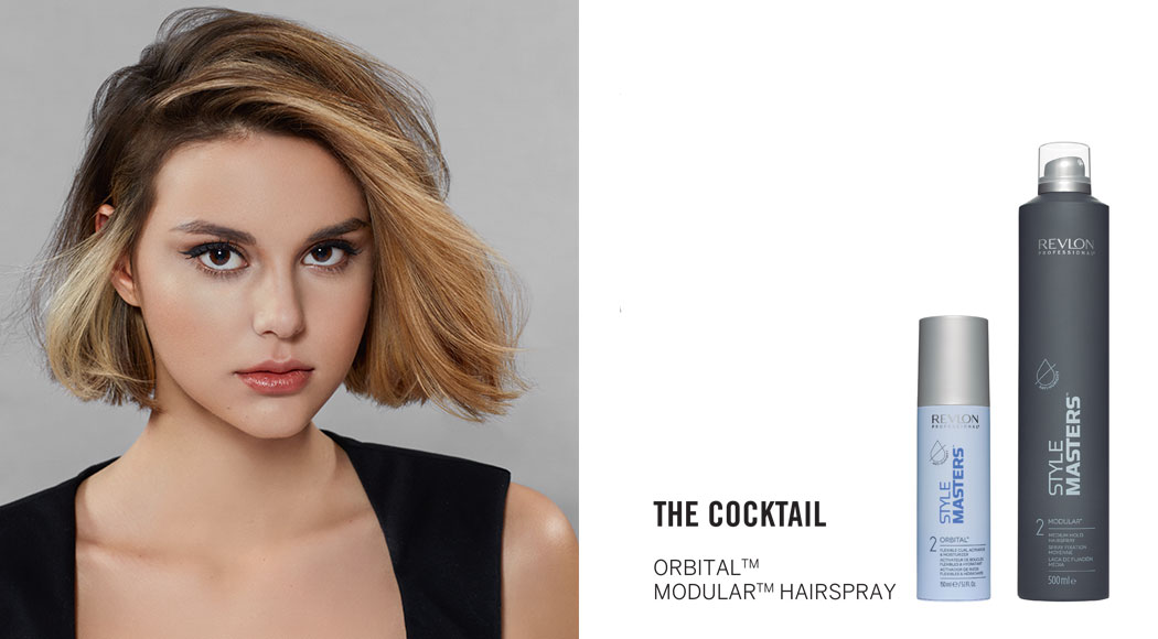 A woman with a solid bob hairstyle and the Style Masters™ products used to create the look
