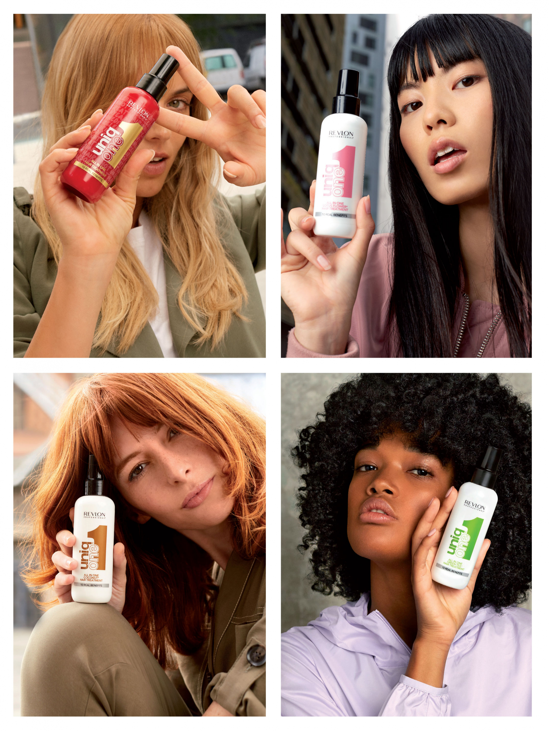 Four women with different hair types and color holding the uniqone™ leave-in hair treatment