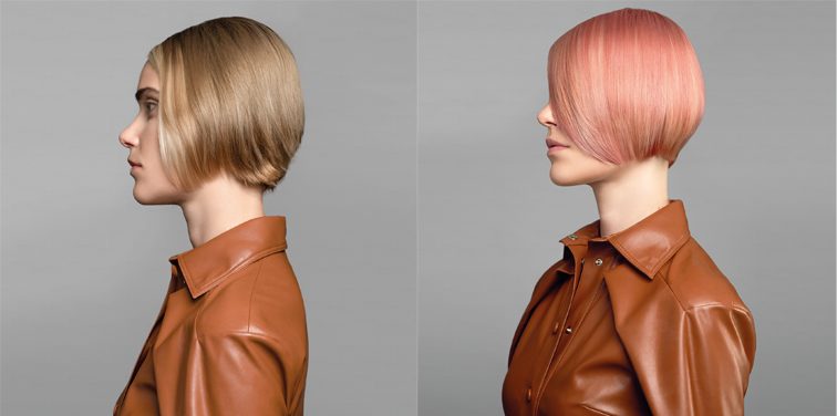The before and after of a woman’s vibrant hair with a bob