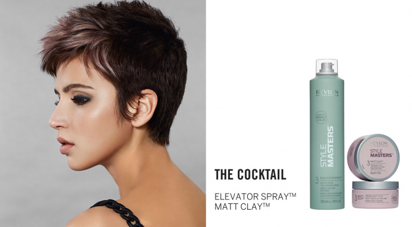 A woman with a texturized pixie hairstyle and the Style Masters™ products used to create the look