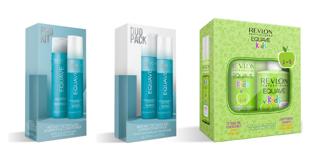 Packaging of the three Equave™ hair gift sets: pro, duo and kids set