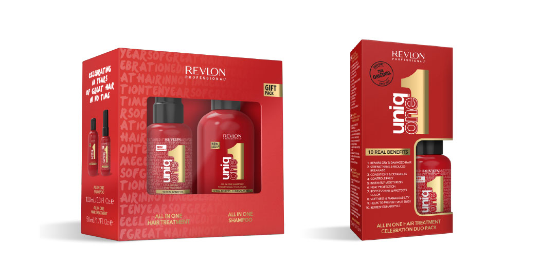 Packaging of the two UniqOne™ hair gift sets 