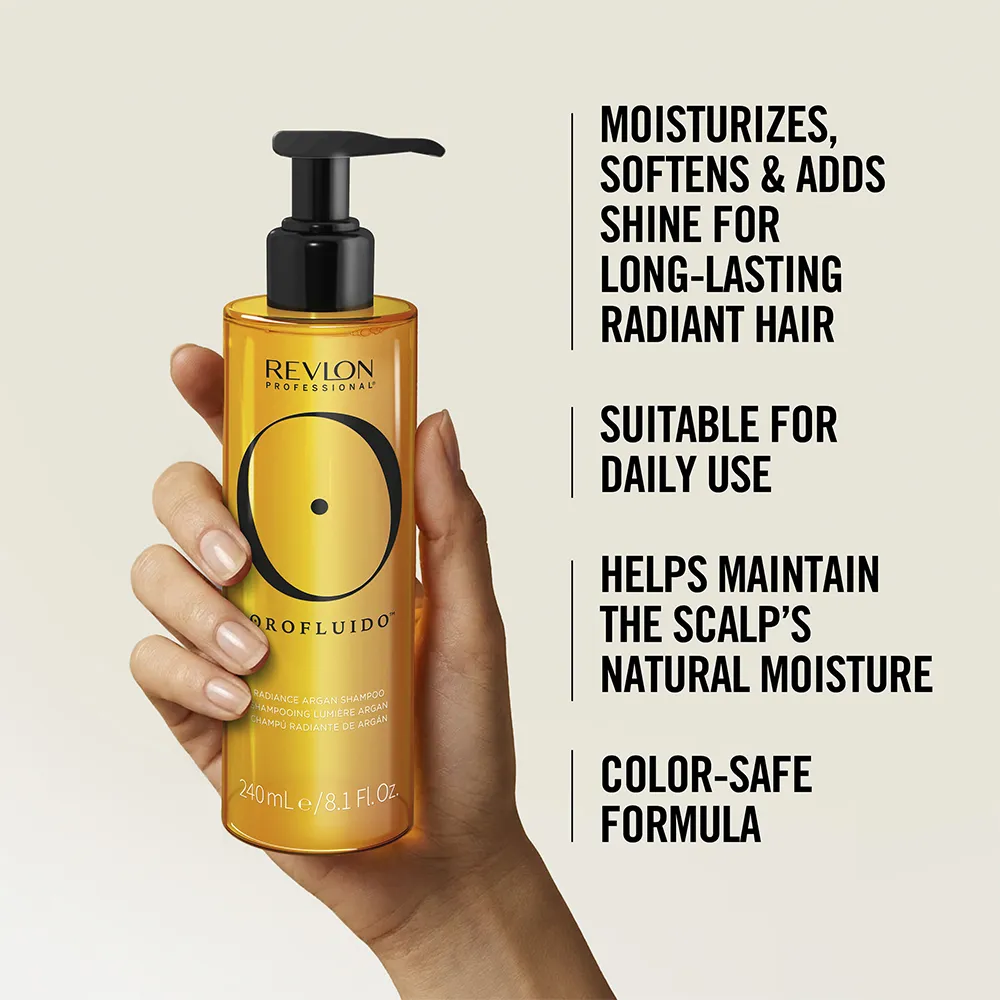 A picture of the Orofluido™ Radiance Argan Shampoo with the vegan formula and recycled packaging certifications above it.