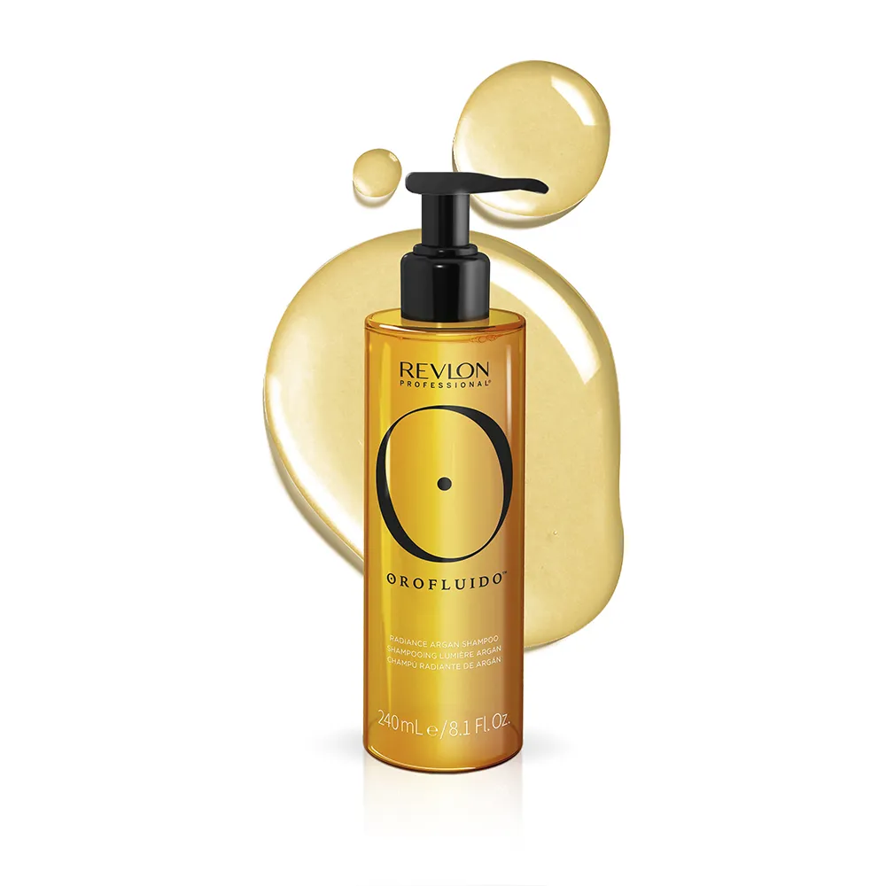 Orofluido™ Radiance Argan Shampoo with the texture in the background