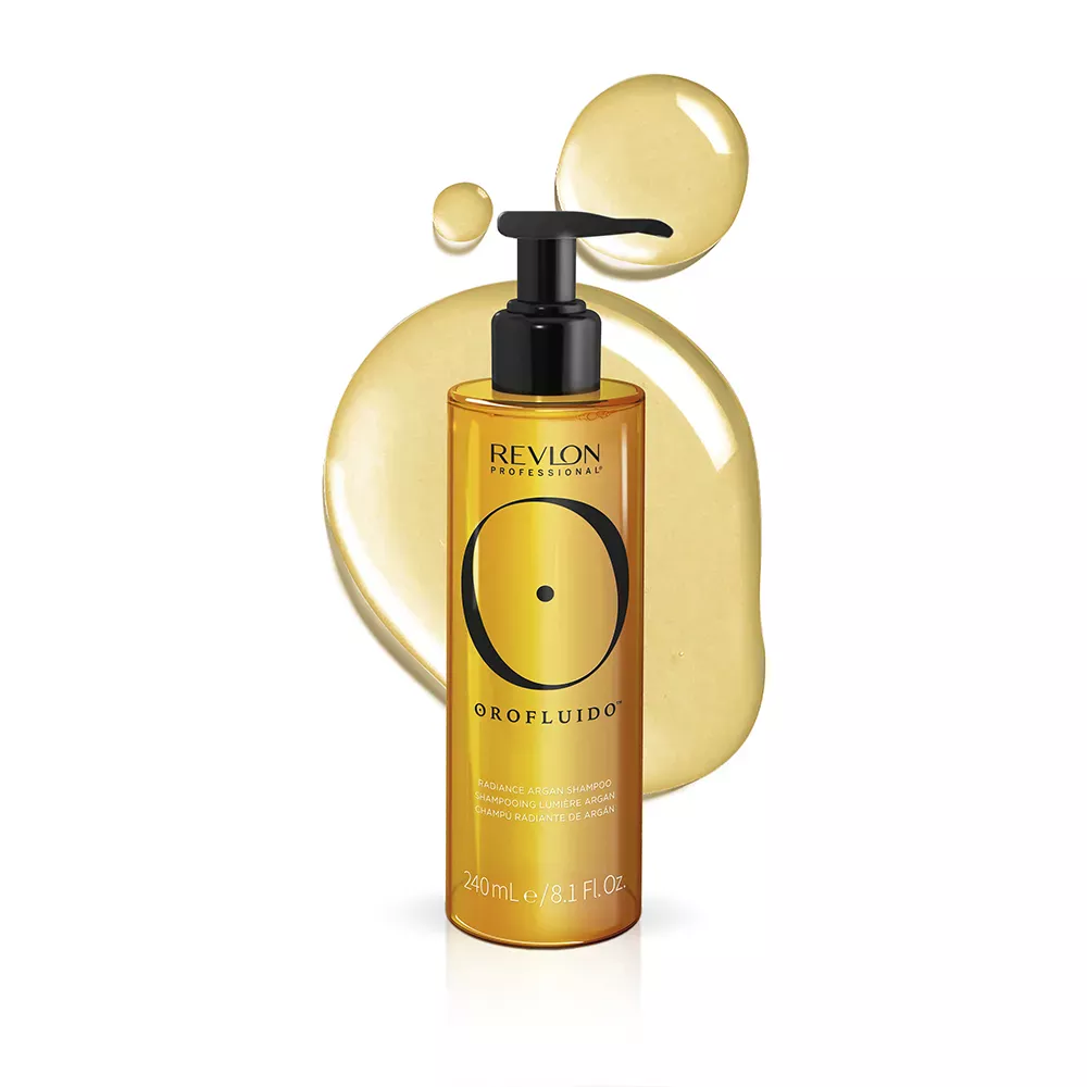 Orofluido™ Radiance Argan Shampoo with the texture in the background