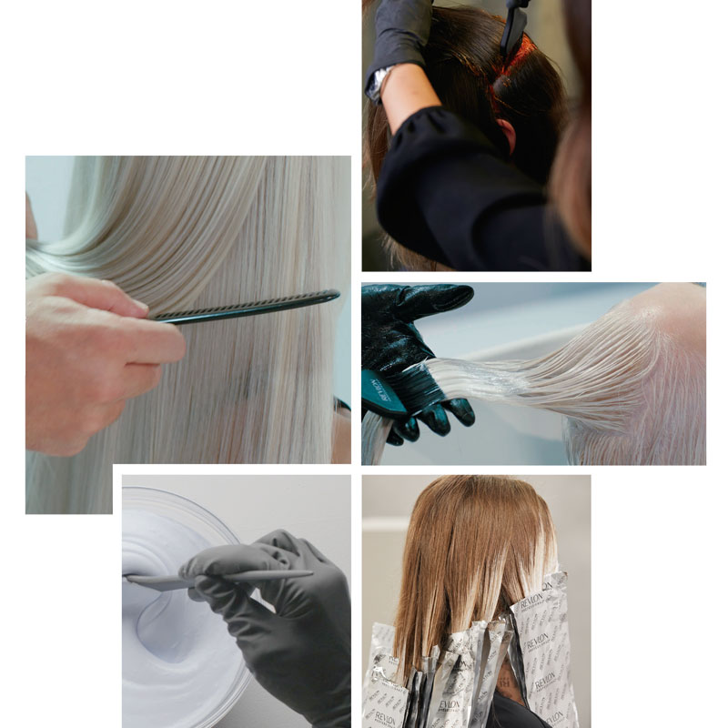 A collage of five images with steps of a hair bleaching and coloring process