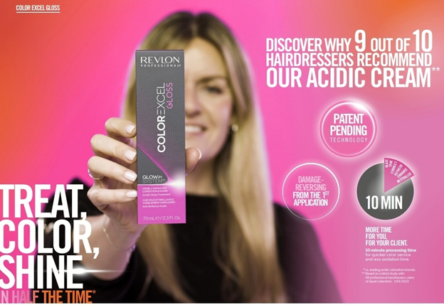 woman holding color excel gloss product and smiling