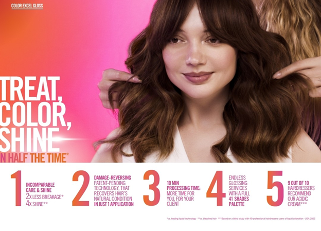 model with shiny brown hair and info about the benefits of color excel gloss