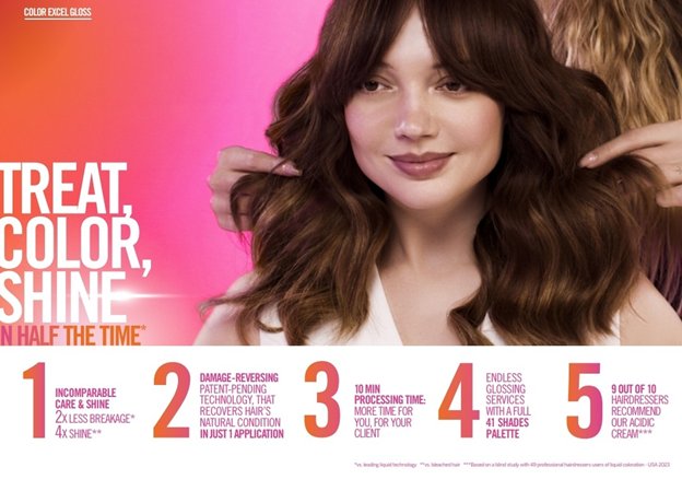 model with shiny brown hair and info about the benefits of color excel gloss