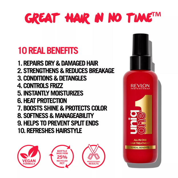 Graphic with the 10 real benefits of Revlon Professional’s UniqOne™ Hair Treatment