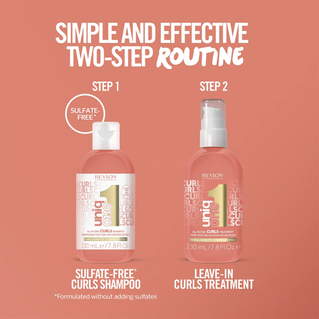 Graphic showing the two-step process of Uniqone™ Curls. Step 1: Use the Sulfate Free Curls Shampoo. Step 2: Use the Leave-In Curls Treatment 