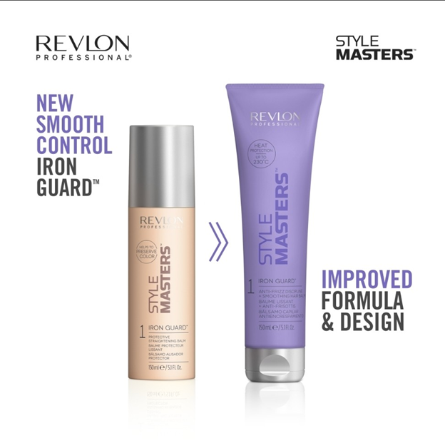 Graphic highlighting the difference between the old and new packaging and formula for Style Masters™ Smooth Control Iron Guard™