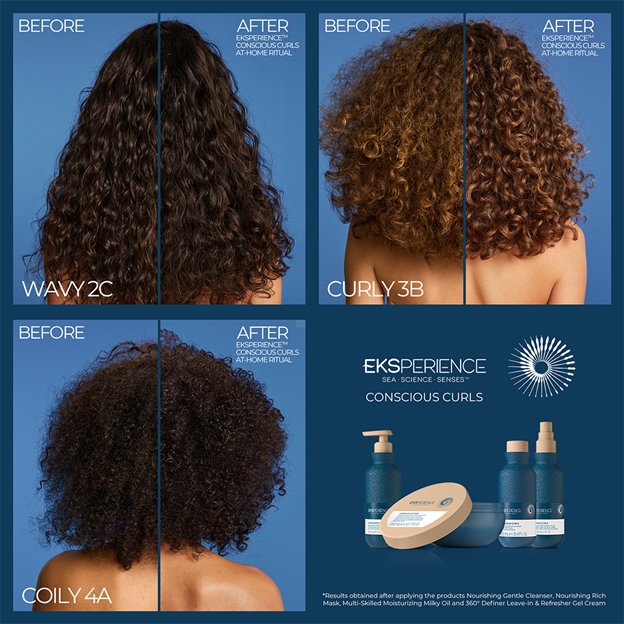 3 before and after images, using the Eksperience™ Conscious Curls Marine Curly Method 