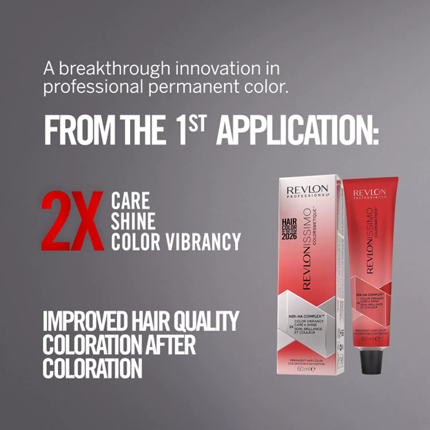 : Graphic highlighting the Revlonissimo Colorsmetique™ formula, 66.66 Bold Crimson Red. Text on the graphic reads “A breakthrough innovation in professional permanent color. From the 1st application: 2x care, shine, color vibrancy. Improved hair quality, coloration after coloration.”